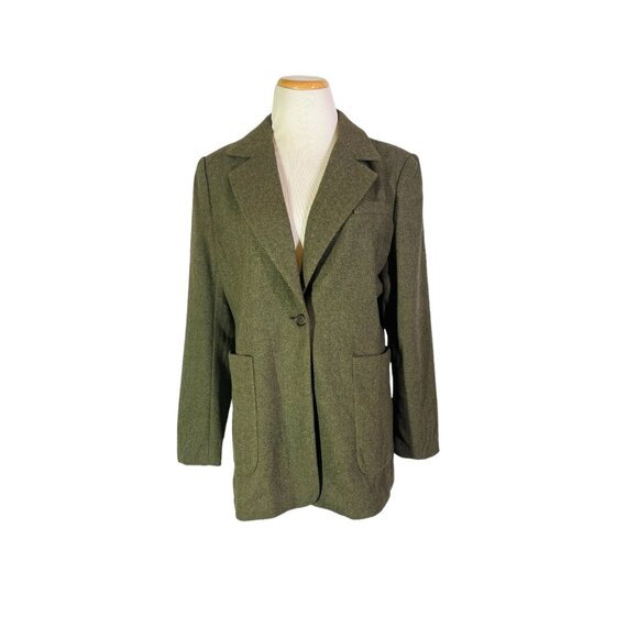 Banana Republic Factory Size 8 Herringbone Long Blazer Green Tweed Wool Blend - Picture 1 of 14
